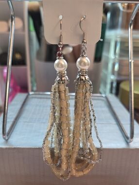 Beaded Tassel Pearl Drop Earrings - Cream From The Philippines